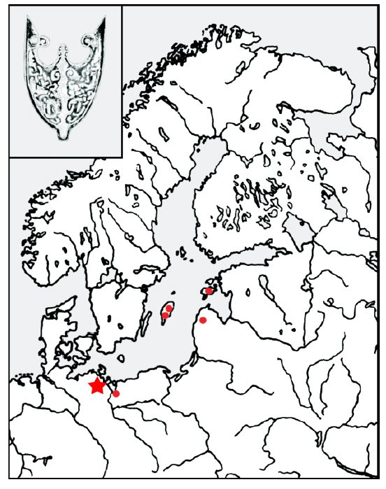 Abb. 4: Gramzow, Lkr. Vorpommern-Greifswald, Fpl. 13 (roter Stern) und  das Verbreitungsgebiet der Ortbänder vom Typ VI (nach Paulsen); nach Janowski 2007 mit Ergänzung 