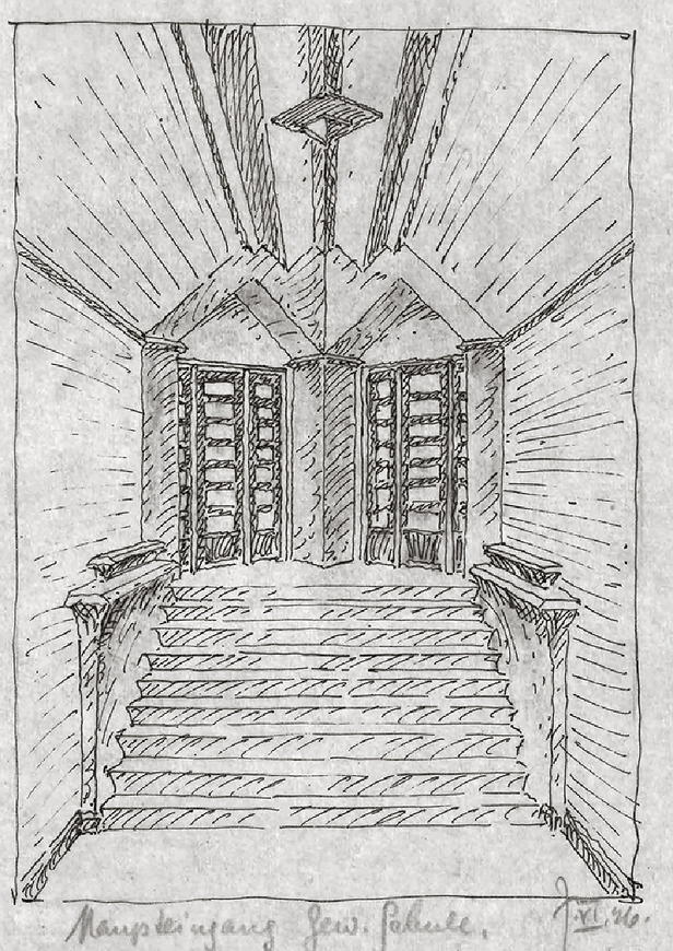 Abb. 13. Städtische Gewerbeschule Rostock, Haupteingang, Treppenaufgang, Entwurfsskizze 1926. Neue Baukunst, Sonderdruck, Berlin 1927. 
