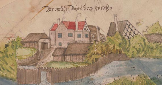 Abb. 8b: Details der Darstellung von Planken und im Wasser stehender Palisaden auf der „Lübz-Fahrenhorster Bildkarte“ aus dem 16. Jahrhundert. Der Adelshof der Familie Weltzin.