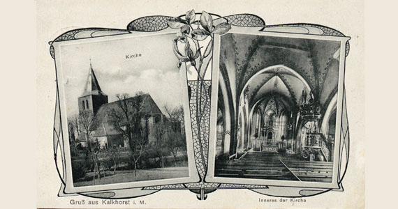 Abb.: Außen- und Innenansicht der Kirche in Kalkhorst, Postkarte vor 1910 (Interner Link: Archivalie des Monats Dezember 2024: Wette mit Folgen - Ein Mann in Frauenkleidern in der Kirche von Kalkhorst)