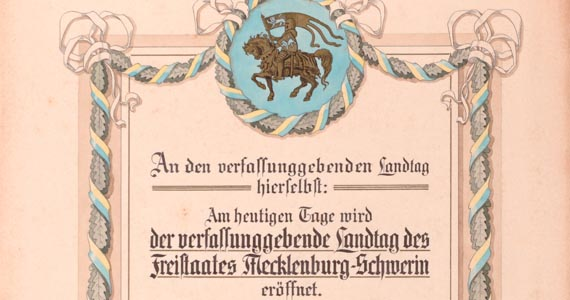 Abb.: Grußadresse der Stadt Schwerin an den Verfassunggebenden Landtag für Mecklenburg-Schwerin vom 21. Februar 1919