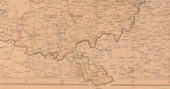 Abb. 2: Kreis Neustrelitz mit Einzeichnung der 1950 nordwestlich von Fürstenberg geänderten Grenze zum Land Brandenburg. Ausschnitt aus der Verwaltungskarte des Landes Mecklenburg (Interner Link: Archivalie des Monats November 2024: Als Mecklenburg seinen Stiefel verlor. 1950 wurde der Fürstenberger Zipfel brandenburgisch)