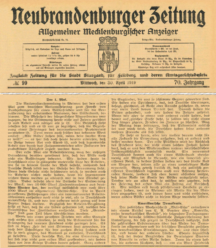 Abb.: Leitartikel der Neubrandenburger Zeitung vom 30. April 1919